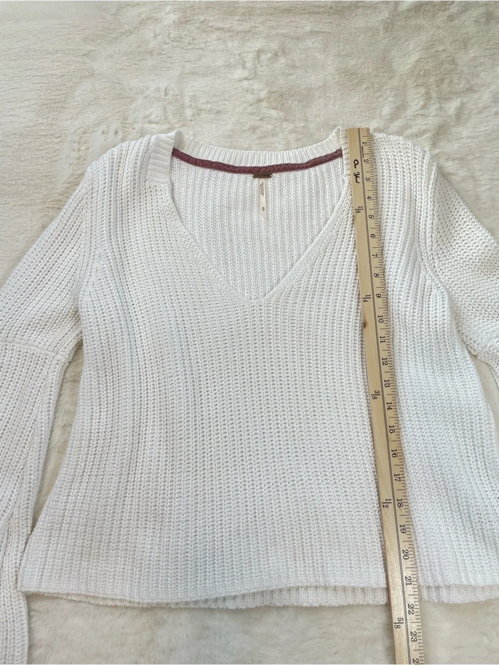 Free People White V-Neck Bell Sleeve Knit Sweater